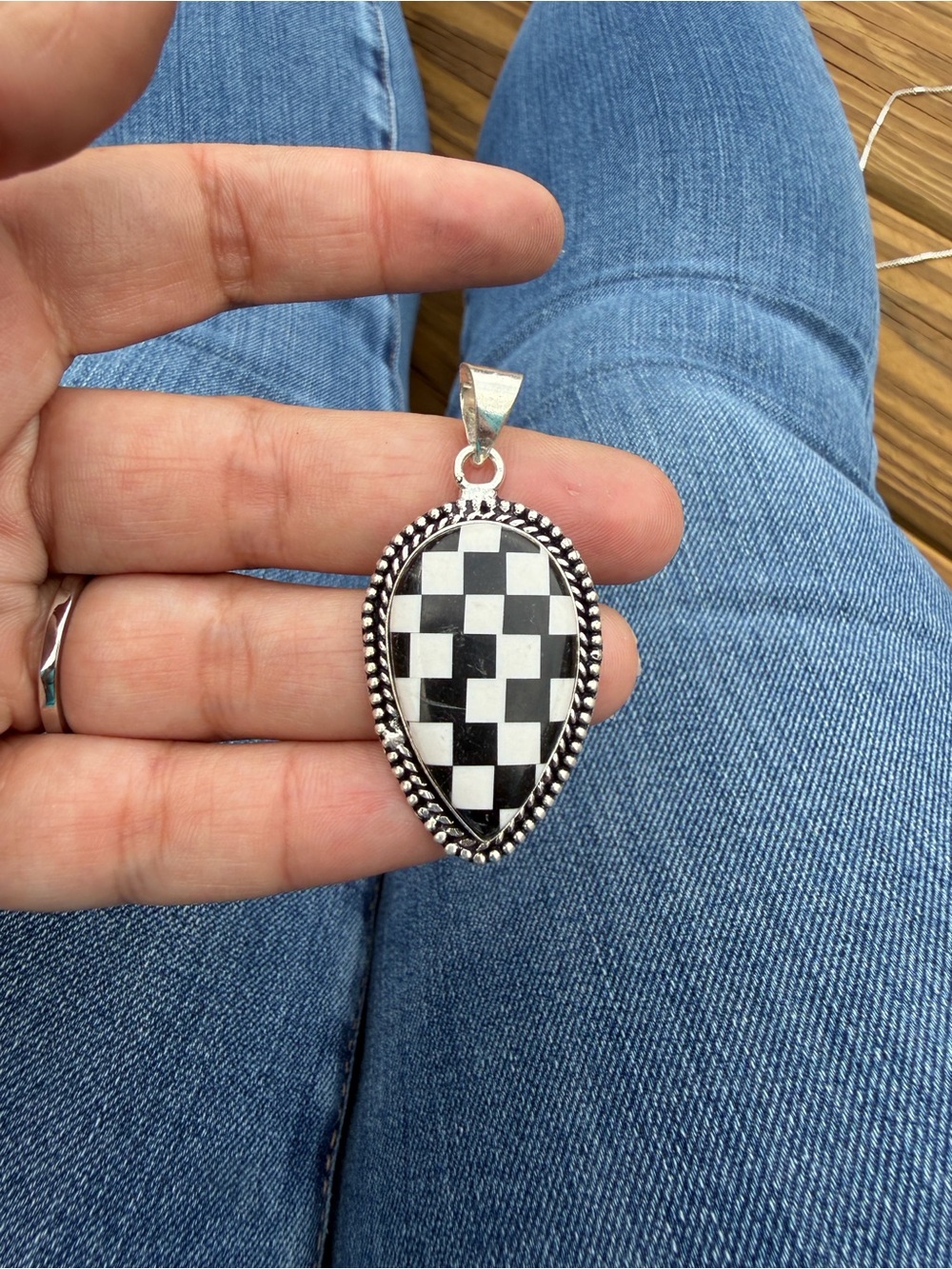 Sterling Silver Black & White Checker Teardrop Pendant